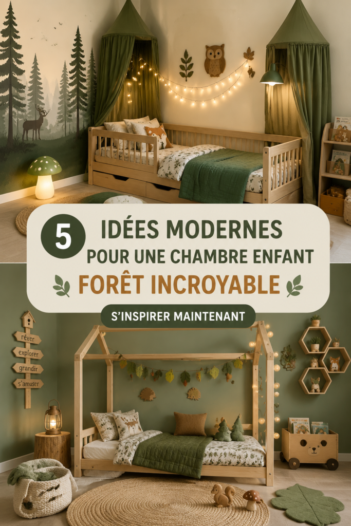 Chambre d'enfant décorée sur le thème de la forêt avec des couleurs naturelles et un mobilier ludique.