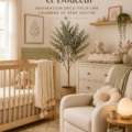 Chambre de bébé au style bohème avec des couleurs neutres et des éléments naturels.
