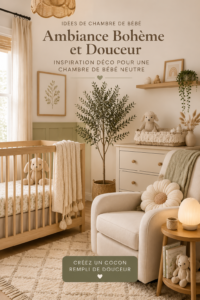 Chambre de bébé au style bohème avec des couleurs neutres et des éléments naturels.