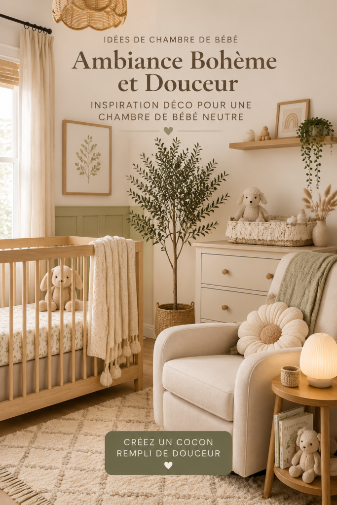 Chambre de bébé au style bohème avec des couleurs neutres et des éléments naturels.