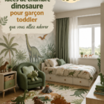 Exemple de chambre de dinosaure pour petit garçon avec des éléments décoratifs colorés.