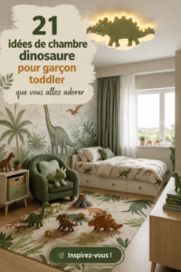 Exemple de chambre de dinosaure pour petit garçon avec des éléments décoratifs colorés.
