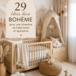 Chambre de bébé décorée dans un style boho avec des couleurs apaisantes et des éléments naturels