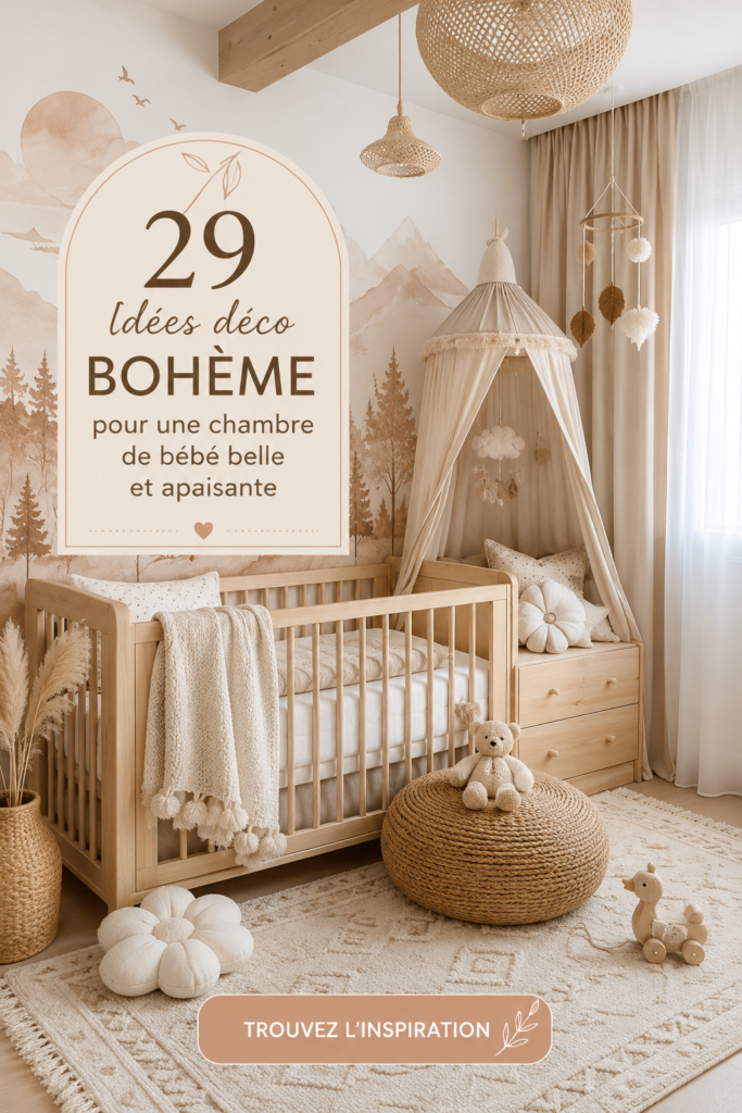 Chambre de bébé décorée dans un style boho avec des couleurs apaisantes et des éléments naturels