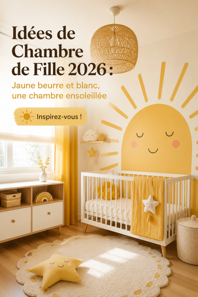 Chambre de bébé en jaune crème et blanc, décorée de manière lumineuse et accueillante.