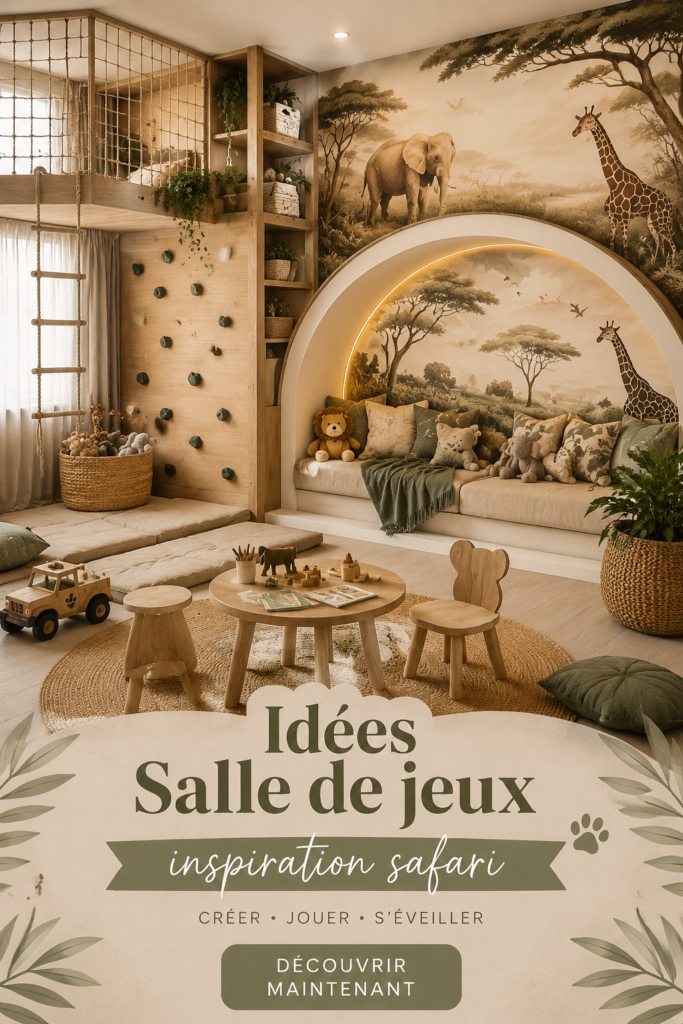 Chambre d'enfant décorée sur le thème de la jungle, avec des couleurs neutres et des éléments Montessori.