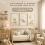 Kit de décoration murale ours pour chambre de bébé avec cadre en bois et verre.