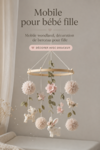 Mobile en bois suspendu dans une chambre de bébé décorée avec des motifs naturels