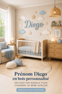 Nom en bois personnalisé accroché au mur d'une chambre d'enfant, apportant une touche décorative.