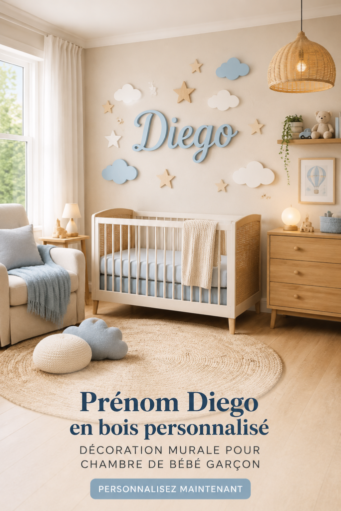Nom en bois personnalisé accroché au mur d'une chambre d'enfant, apportant une touche décorative.