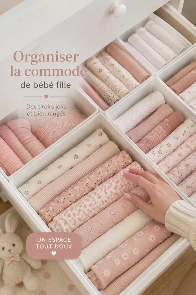 Commode de bébé joliment organisée avec des vêtements pour fille.