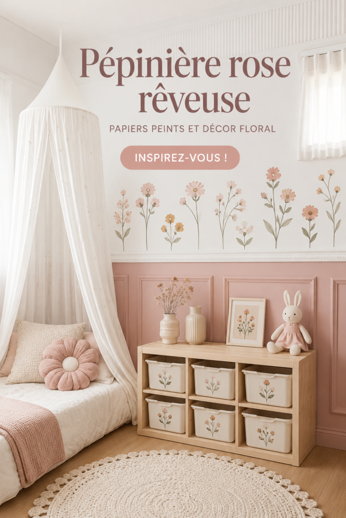 chambre de bébé avec décorations florales roses et papier peint doux