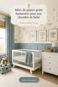 Chambre d'enfant avec papier peint vintage sur le thème de l'aviation.