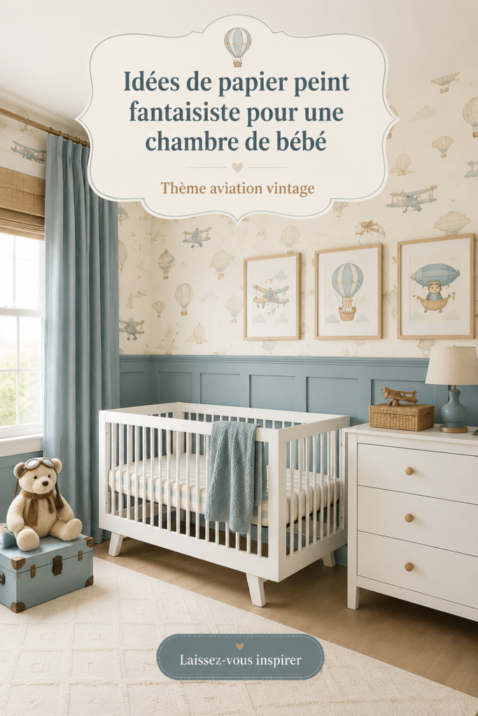Chambre d'enfant avec papier peint vintage sur le thème de l'aviation.
