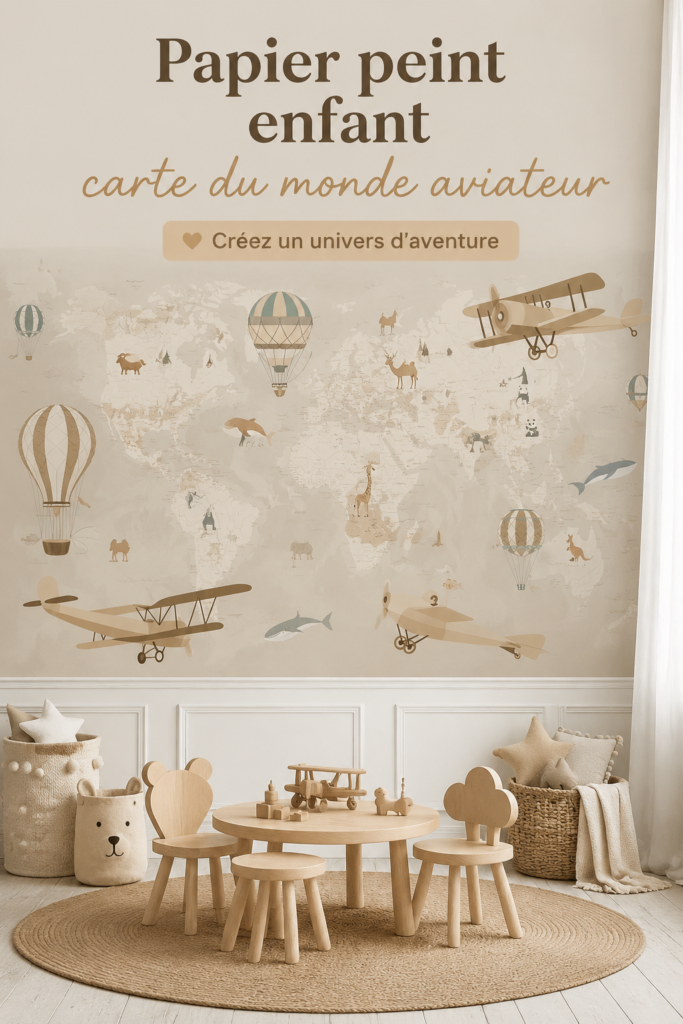 Chambre d'enfant décorée avec un papier peint carte du monde aviateur, mettant en scène un environnement ludique et inspirant