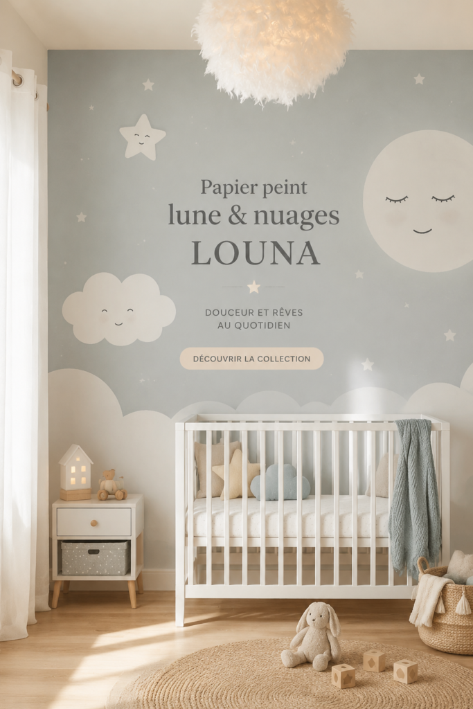 Intérieur avec du papier peint lune et nuages LOUNA apportant une ambiance rêveuse.