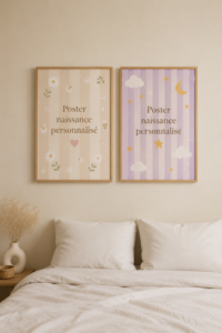 Poster de naissance personnalisé avec des couleurs douces et des motifs floraux, mettant en valeur les informations du bébé.