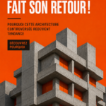 Vue d'un bâtiment brutaliste moderne avec des lignes angulaires et des matériaux bruts.