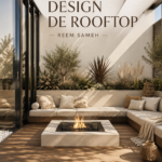 Rooftop aménagé avec des plantes, des meubles confortables et une vue dégagée sur la ville.