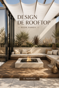 Rooftop aménagé avec des plantes, des meubles confortables et une vue dégagée sur la ville.