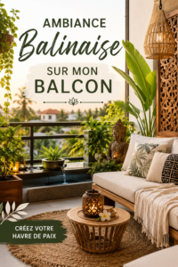 Un balcon aménagé dans un style balinais avec des coussins colorés et des plantes tropicales.
