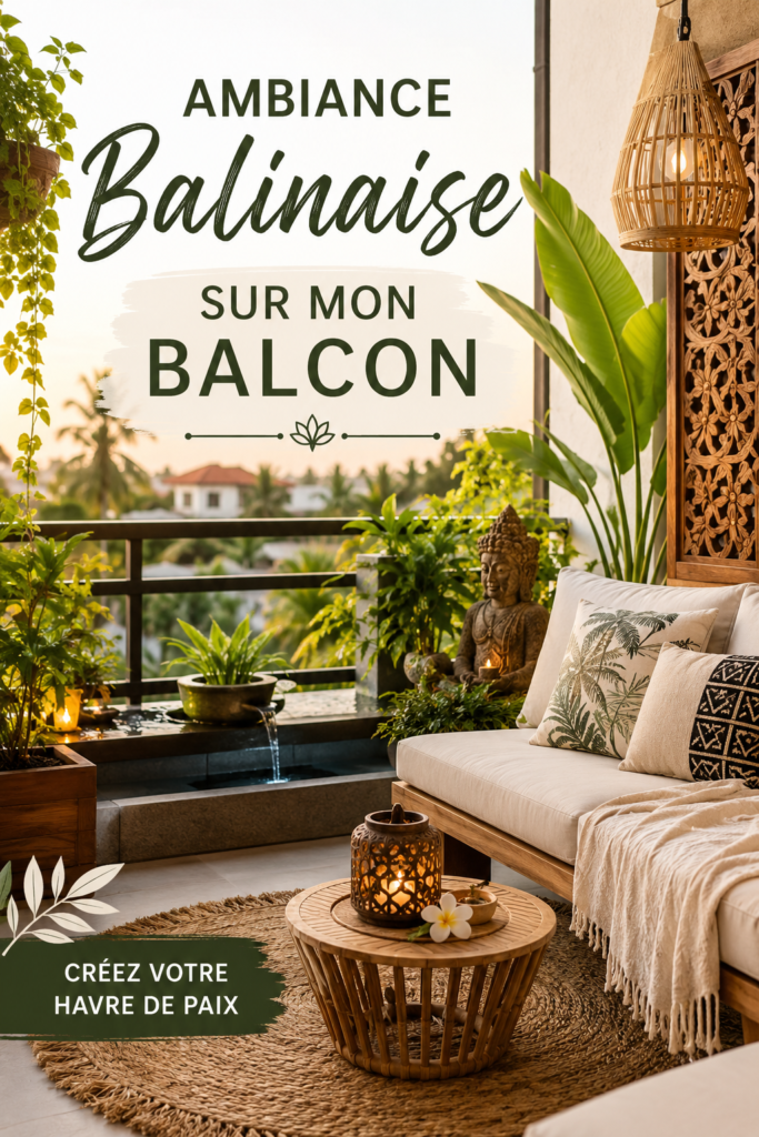 Un balcon aménagé dans un style balinais avec des coussins colorés et des plantes tropicales.