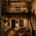 Aménagement d'une cuisine moderne avec un salon lumineux et accueillant.