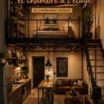 Aménagement d'une cuisine moderne avec un salon lumineux et accueillant.
