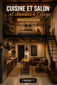 Aménagement d'une cuisine moderne avec un salon lumineux et accueillant.