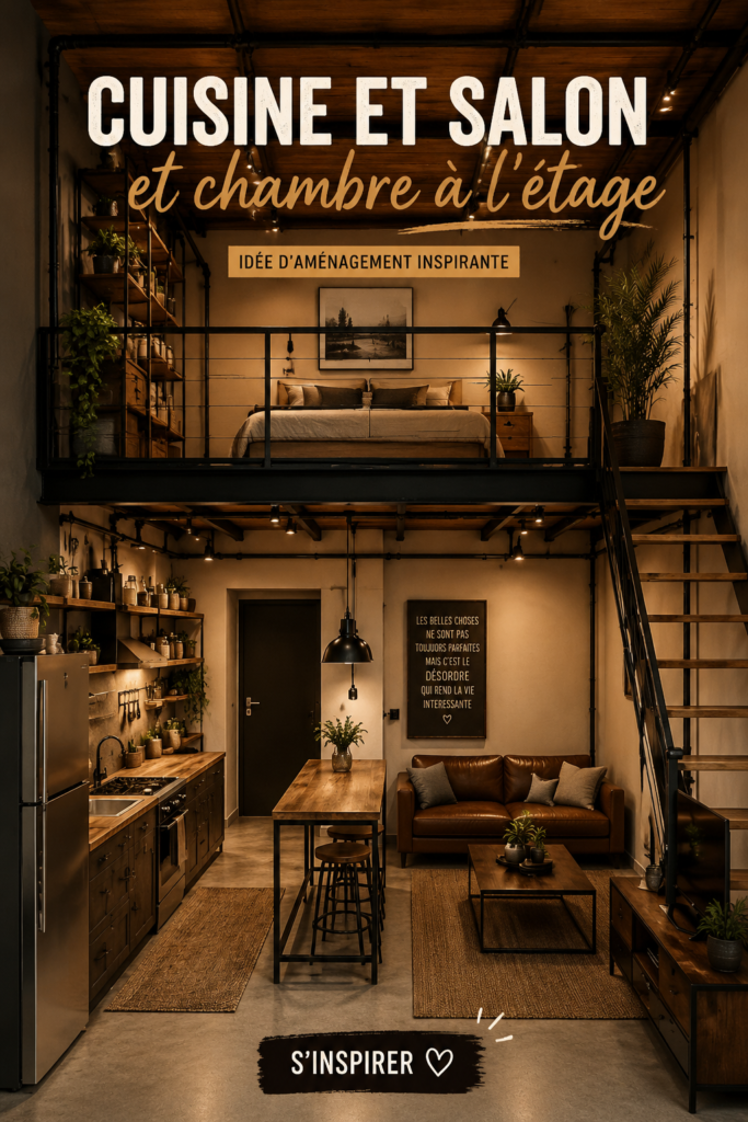 Aménagement d'une cuisine moderne avec un salon lumineux et accueillant.