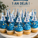 Fête d'anniversaire d'un an avec décorations colorées et un gâteau au chocolat