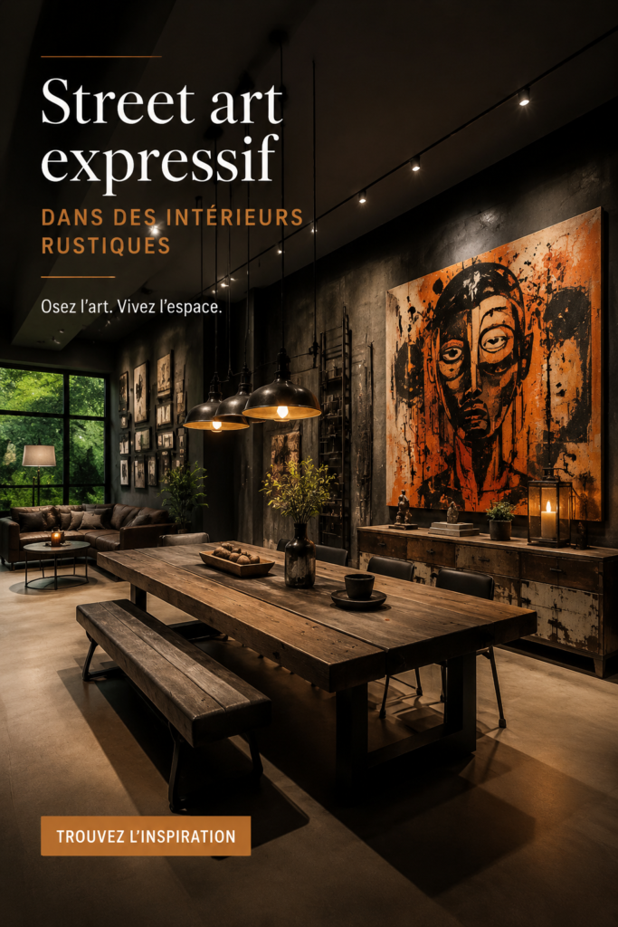 Intérieur rustique avec art de rue expressif, créant une ambiance chaleureuse