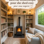 Une bibliothèque cosy en bois dans un jardin fleuri