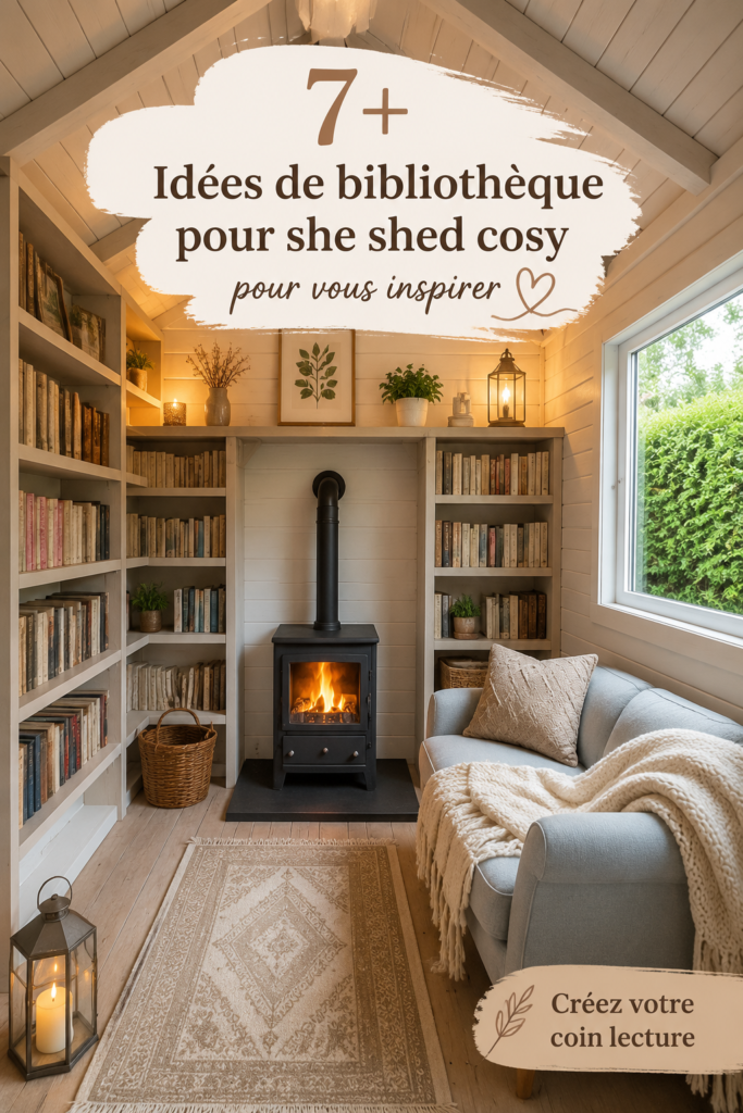 Une bibliothèque cosy en bois dans un jardin fleuri