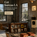 Bureau moderne à Los Angeles avec éléments Bauhaus et brutalistes, créant une ambiance de travail inspirante.