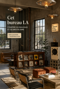 Bureau moderne à Los Angeles avec éléments Bauhaus et brutalistes, créant une ambiance de travail inspirante.