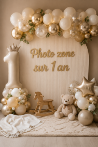 Un coin photo festif décoré pour un premier anniversaire d'enfant avec des ballons et des accessoires colorés.