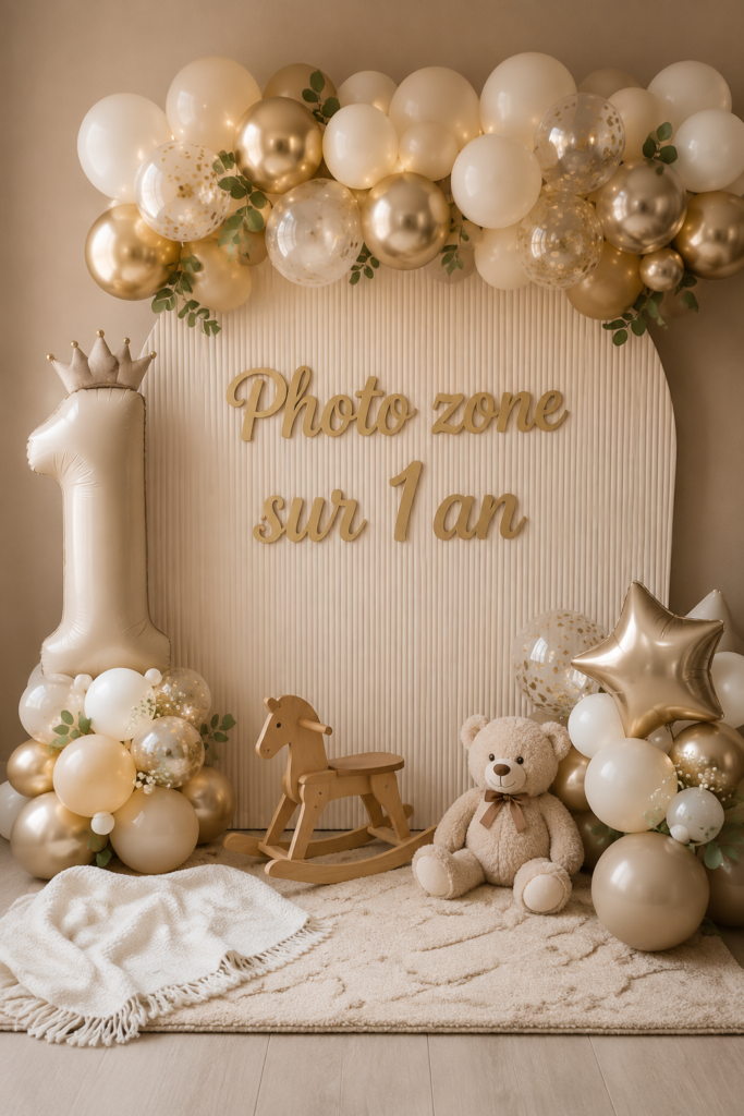 Un coin photo festif décoré pour un premier anniversaire d'enfant avec des ballons et des accessoires colorés.