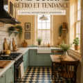 Cuisine rétro avec des meubles en bois et des accessoires vintage, parfaite pour Pinterest