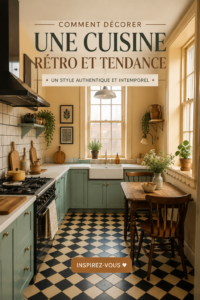 Cuisine rétro avec des meubles en bois et des accessoires vintage, parfaite pour Pinterest