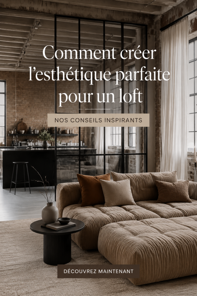 Un salon moderne avec un décor de style loft, mettant en avant des matériaux bruts et une décoration chaleureuse.