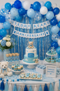 Une table décorée pour une fête d'anniversaire sur le thème des ours en peluche, avec des ballons et des peluches