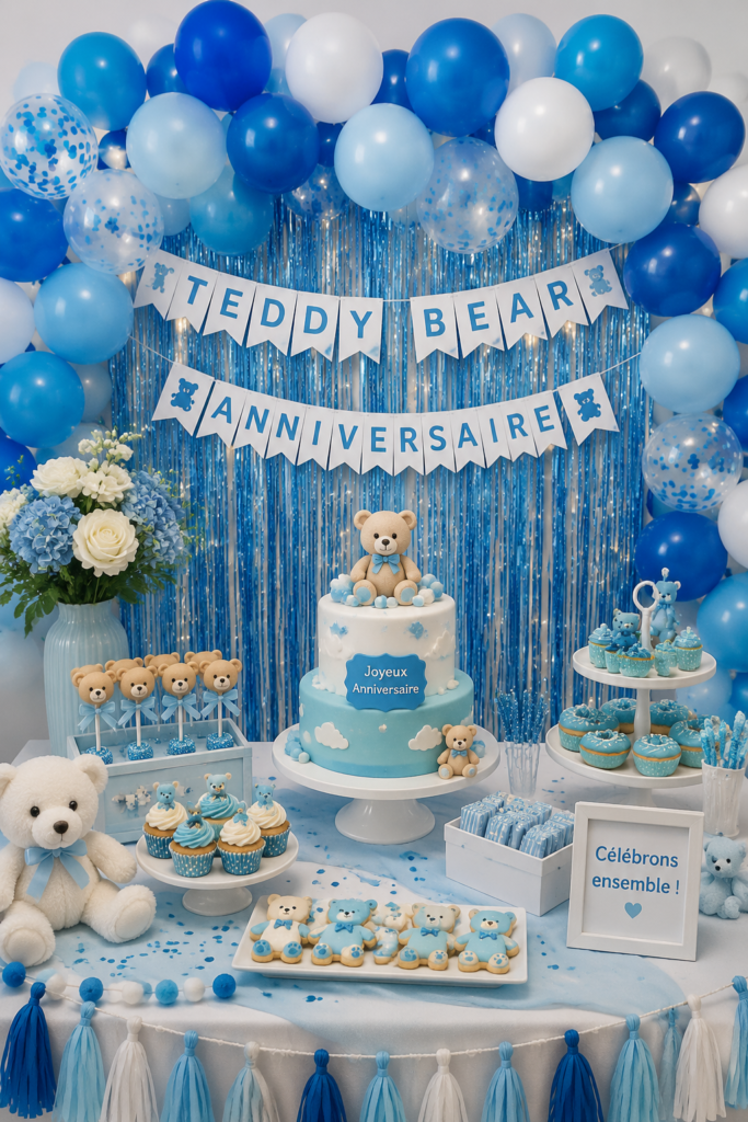 Une table décorée pour une fête d'anniversaire sur le thème des ours en peluche, avec des ballons et des peluches