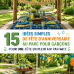 Fête d'anniversaire pour garçons au parc avec des décorations colorées et des jeux