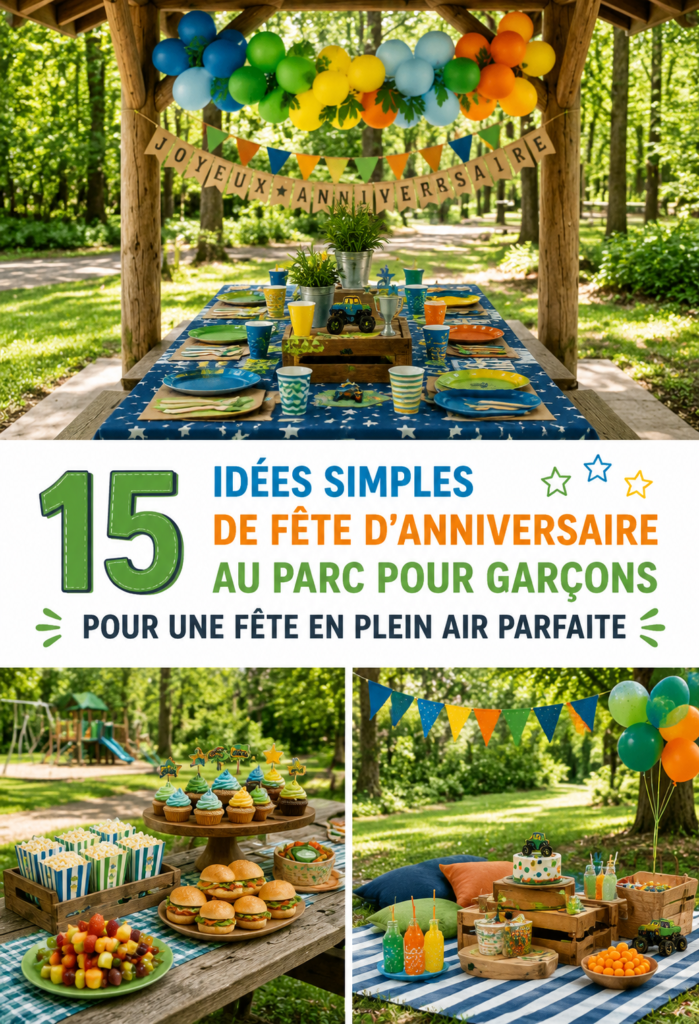 Fête d'anniversaire pour garçons au parc avec des décorations colorées et des jeux