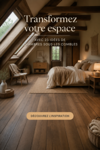 Chambre sous les toits joliment décorée avec des couleurs douces et un éclairage chaleureux.