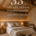 Une chambre décorée avec des tons naturels, équipée de meubles en bois et de textiles doux.