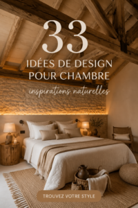 Une chambre décorée avec des tons naturels, équipée de meubles en bois et de textiles doux.