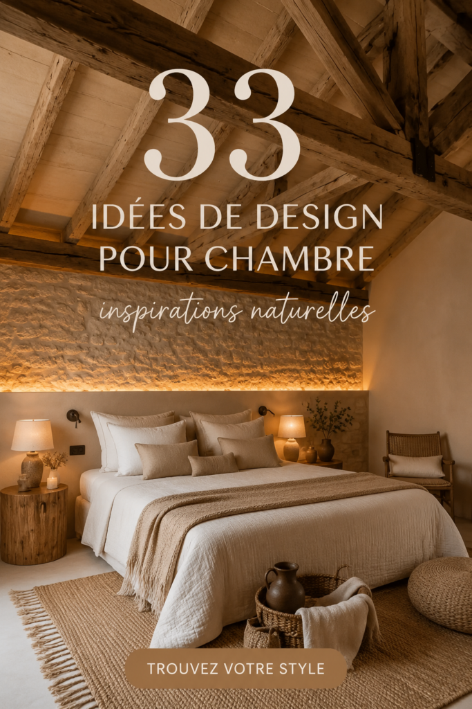Une chambre décorée avec des tons naturels, équipée de meubles en bois et de textiles doux.