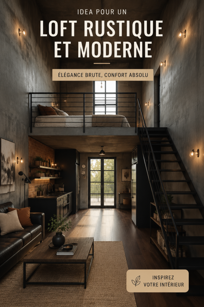 Un loft moderne avec des éléments rustiques, présentant un espace agréable et accueillant.